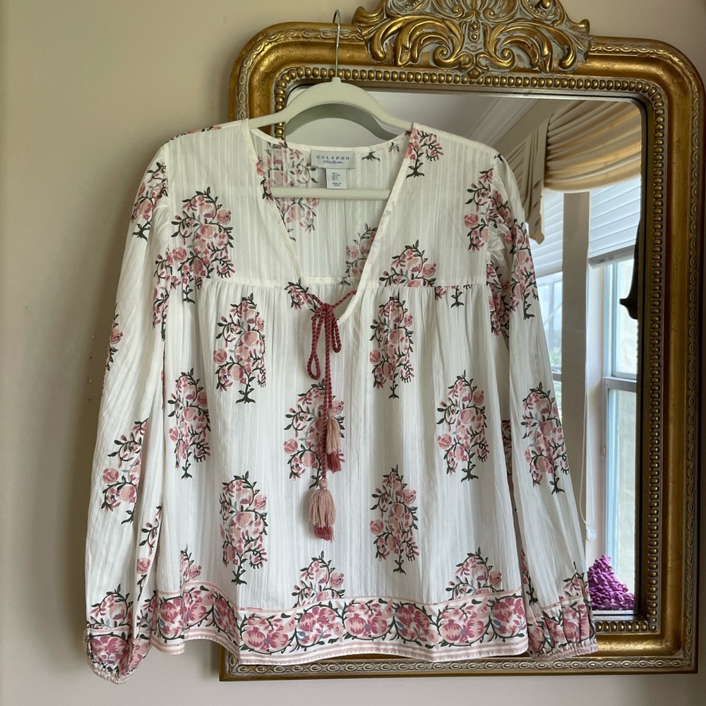 Calypso St. Barth White Blouse with Pink Floral Motif and Tassel Tie